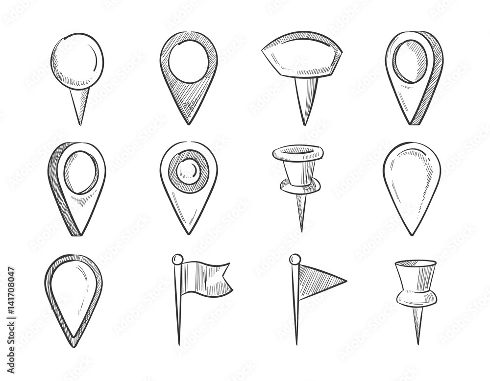 Poster hand drawn map pointers, doodle navigation pins vector set