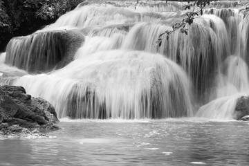 Multi-level waterfall in the tropics - black and white