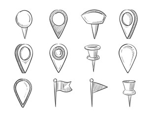 Hand drawn map pointers, doodle navigation pins vector set