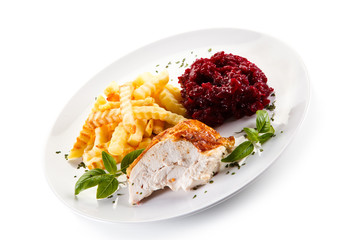 Roast chicken meat with french fries