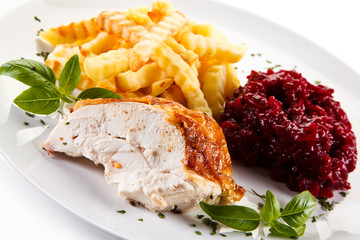 Roast chicken meat with french fries