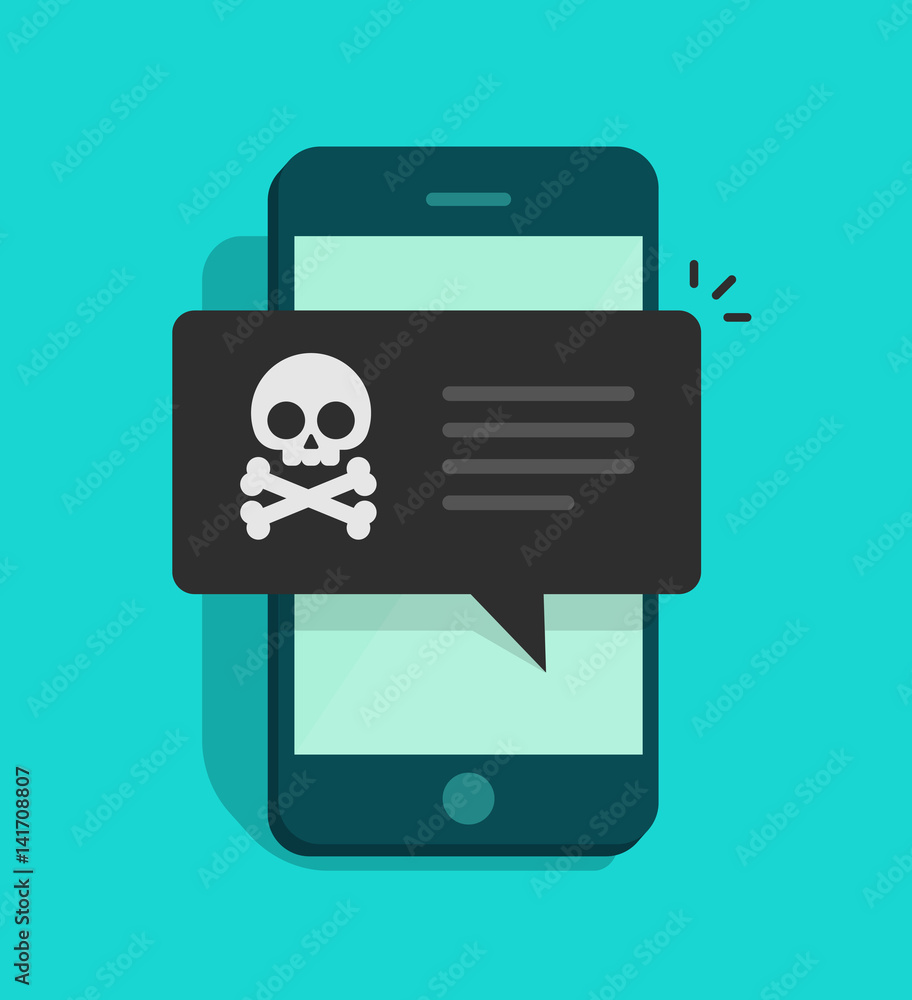 Poster back malware notification on mobile phone vector, flat style smartphone with skull bones alert, conc