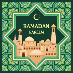 Ramadan greeting card with the image of the ancient Middle Eastern town with mosques and minarets decorated by a pattern in Mauritian style. Vector template