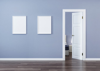 Fototapeta premium White door in the interior with a blue wall. 3D rendering.