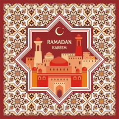 Ramadan greeting card with the image of the ancient Middle Eastern town with mosques and minarets decorated by a pattern in Mauritian style. Vector template