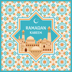 Ramadan greeting card with the image of the ancient Middle Eastern town with mosques and minarets decorated by a pattern in Mauritian style. Vector template