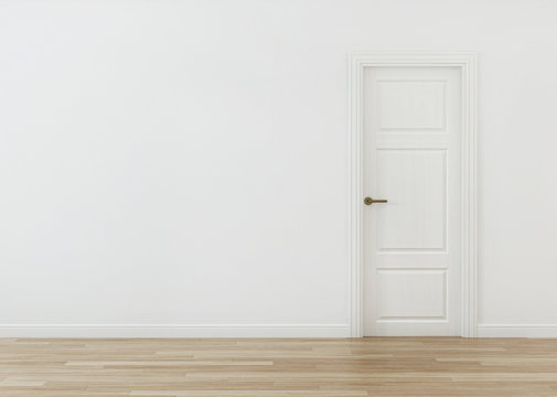 White door in the interior with a white wall. 3D rendering.