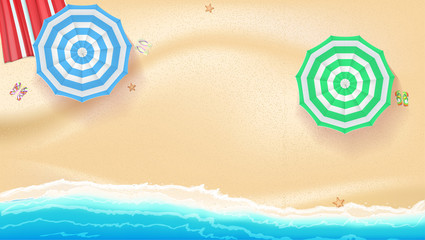 Fototapeta na wymiar Set of colorful beach sun umbrellas flip-flops and beach Mat on the background of sand near the sea surf with beach flip flops and starfish, top view. Vector illustration for your poster or covers
