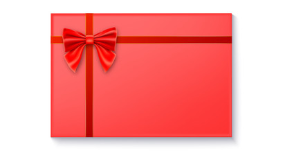 Gift box with big red bow and ribbon, isolated on white background. Top view on gift packaged in a paper