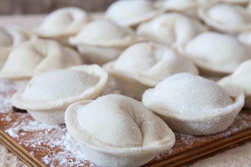 Process of making homemade pelmeni (dumplings) on wooden board - traditional dish of Russian cuisine. Selective focus