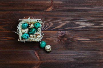 Painted turquoise quail eggs in box on wooden table
