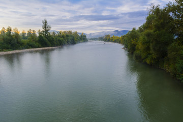 Lake in the mountains for recreation and fishing. Early morning