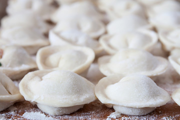 Fototapeta na wymiar Process of making homemade pelmeni (dumplings) on wooden board - traditional dish of Russian cuisine. Selective focus
