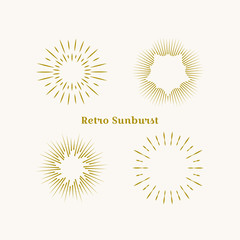 Sunburst frames set. Retro gold Sun burst shape. Vintage explosion logo, label, badge. Firework design element. Old light rays radiating from a center. Retro, vintage, hipster style