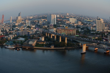 Fototapeta na wymiar Fish eye view of Bangkok city waterfront