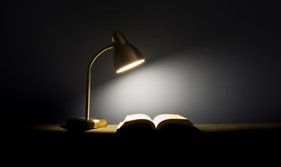 Single lamp illuminating a book in the dark.
