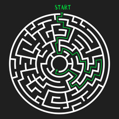Circle Maze with Solution. Labyrinth with Entry and Exit. Find the Way Out Concept. Vector Illustration.
