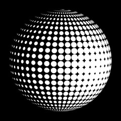 Vector halftone sphere stylized logo. Dotted orb design element on black.