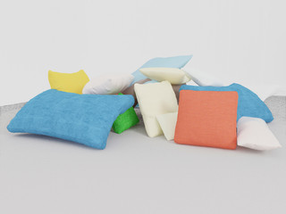 many colored pillows on the floor, 3d
