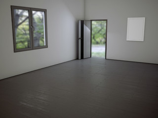 empty  room with the door and a window, 3d