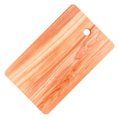 Wooden cutting board closeup isolated on white background