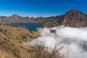 Beautiful landscape of Rinjani volcano mountain and Anak lake, Lombok, Indonesia