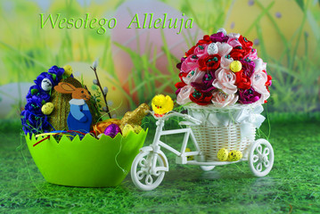Wiosenna  Wielkanocna kartka z życzeniami po polsku z rowerem ,kurczakiem ,zającem i jajkiem.