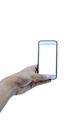 Holding mobile smart phone touch screen on white background, include clipping path