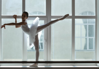 Fototapeta na wymiar Young beautiful ballerina dancing on windowsill