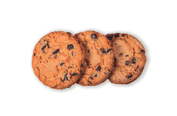 Three chocolate chip cookies isolated on white background. Three hazelnut cookies filled nougat with a clipping path.