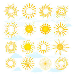 Funny vector doodle suns. Freehand drawing set. Isolated on white background.