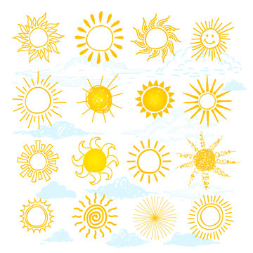 Funny vector doodle suns. Freehand drawing set. Isolated on white background.
