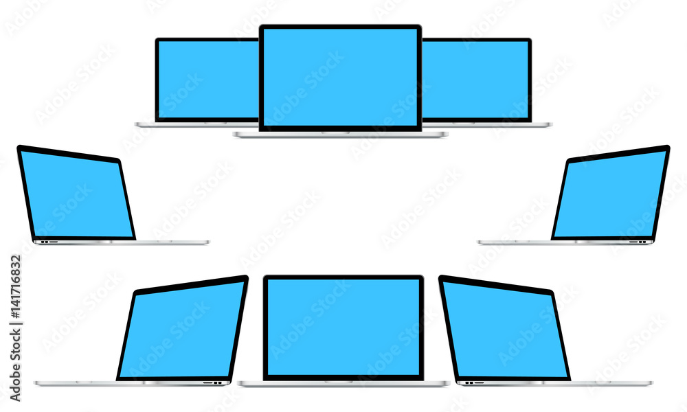 Poster set of laptops in different positions isolated on white background. mockups can be use for showcase 