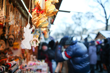 Fototapeta premium Selling Christmas decoration at traditional winter fair