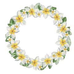 Plumeria. Hawaiian wreath. Watercolor illustration. Hand-drawing. Ideal for decoration of cards, invitations.