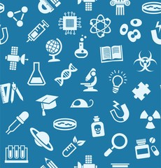 Science, background, seamless, blue, vector. The bright, flat icons on a dark blue field. Different types of scientific activities. Colored, flat background. 