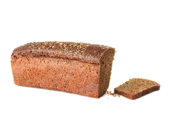 Dark bread and slice on white background