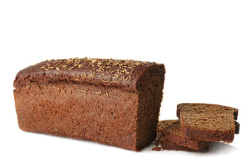 Dark bread and slices on white background
