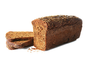 Dark bread and slices on white background
