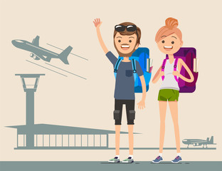 Young travelers flying around the world. Traveling together. Adventure in foreign countries