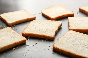 Fototapeta na wymiar Slices and crumbs of wheaten bread on grey background