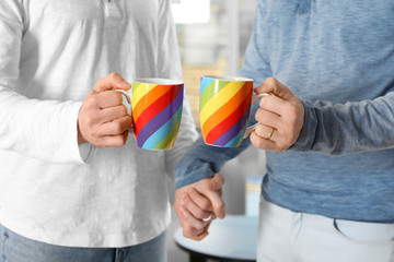 Happy gay couple holding colorful cups