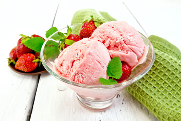 Ice cream strawberry in glass with mint on board