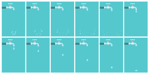 Water tap dripping with water drop and splash. Animation sprite sheet on blue background - obrazy, fototapety, plakaty