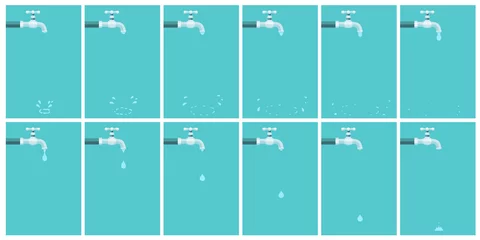 Fotobehang Water tap dripping with water drop and splash. Animation sprite sheet on blue background © Elokua