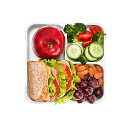 Lunch box with delicious food on white background