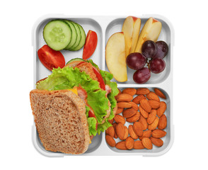Lunch box with delicious food on white background