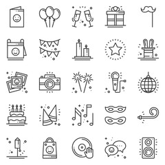 Party celebration thin line icons set. Birthday, holidays, event, carnival festive. Basic party elements icons collection. Vector simple linear design. Illustration. Symbols. Mask gifts cake firework