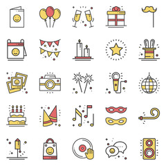 Party celebration thin line icons set. Birthday, holidays, event, carnival festive. Basic party elements icons collection. Vector simple linear design. Illustration. Symbols. Mask gifts cake firework