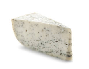 Piece of tasty cheese on white background